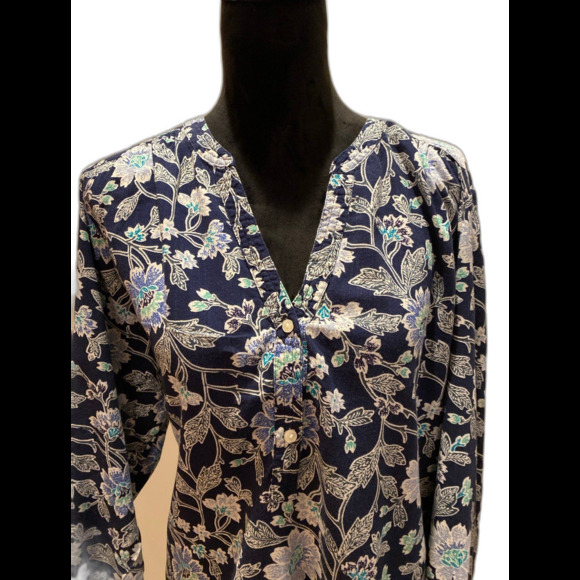 Old Navy Blouse Size XL Navy Floral Pattern   Boho Peasant Flowy Long Tunic Top - Picture 2 of 11